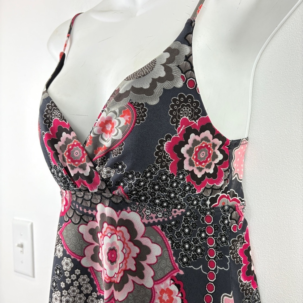 Y2K Paisley Babydoll Stretchy Midi Dress Pink Black Fairy Romantic Slip Dress - Picture 6 of 7